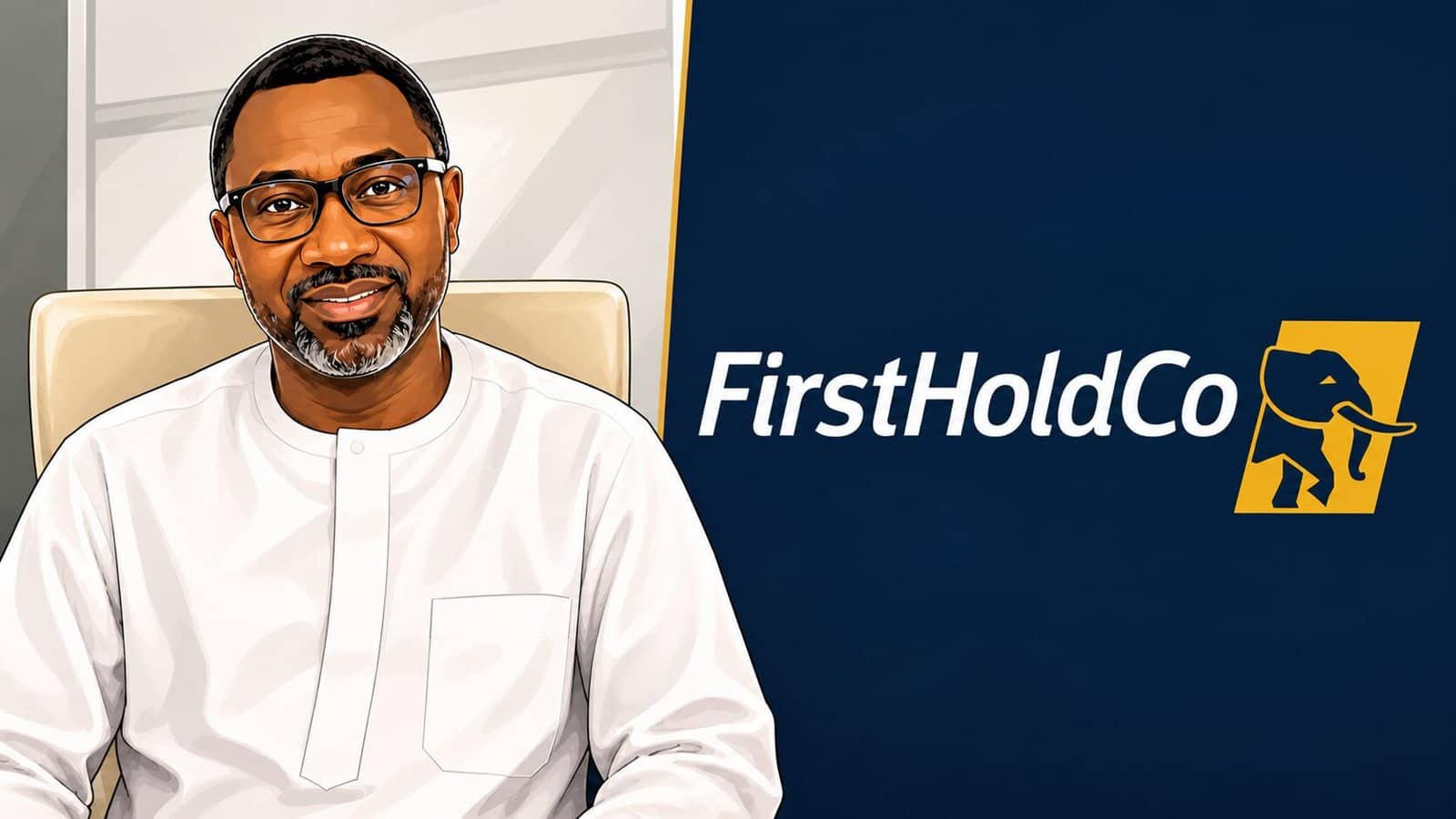 Femi Otedola's picture on a white native attire and FirstHoldCo's logo