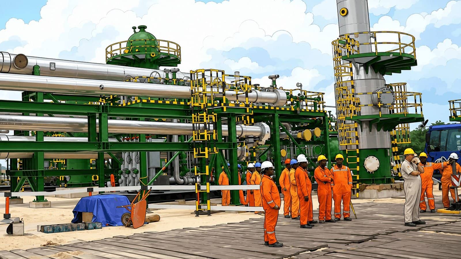 Caricature image of workers in an oil & gas plant