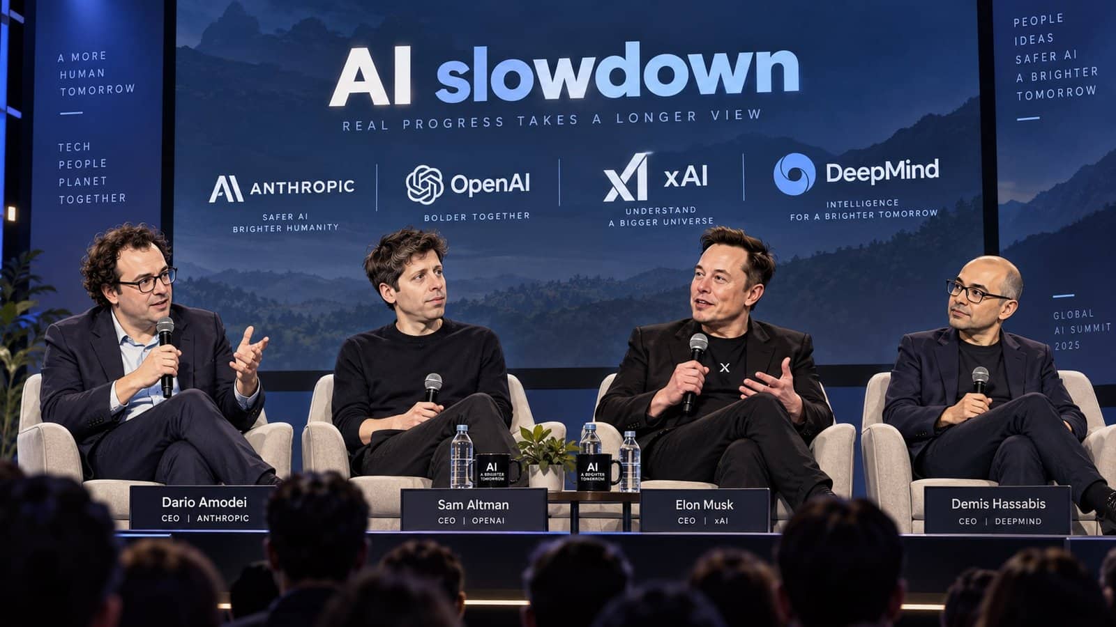 Caricature illustration of AI industry leaders backing an AI slowdown