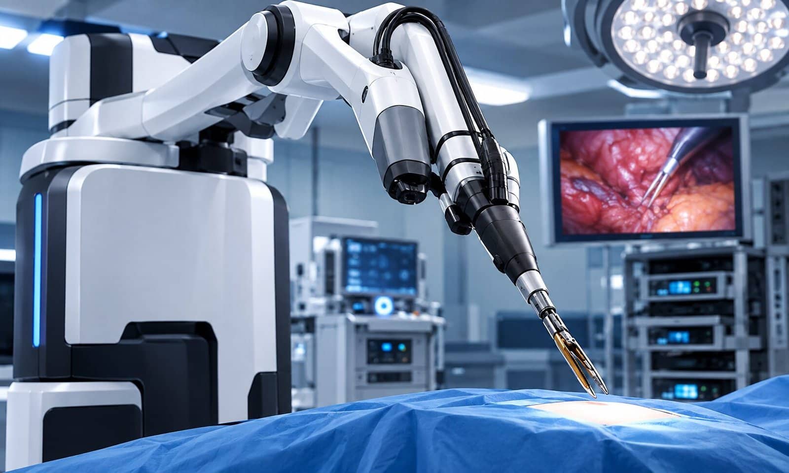 Caricature illustration of Medtronic's Hugo robotic-assisted surgery system with the LigaSure RAS Maryland instrument