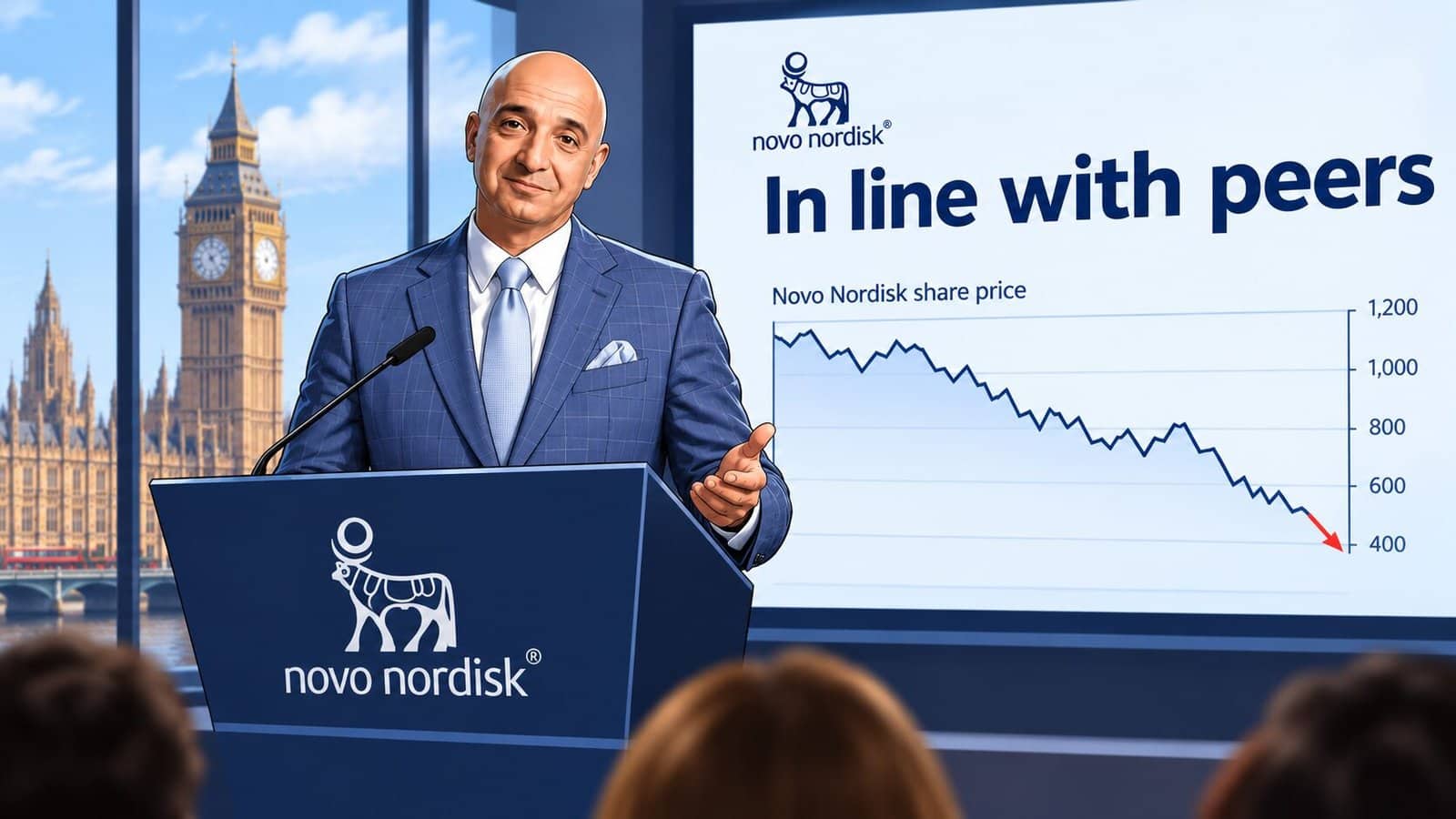 Caricature of Mike Doustdar, chief executive officer of Novo, presenting 2030 ambitions at the company's Capital Markets Day in London