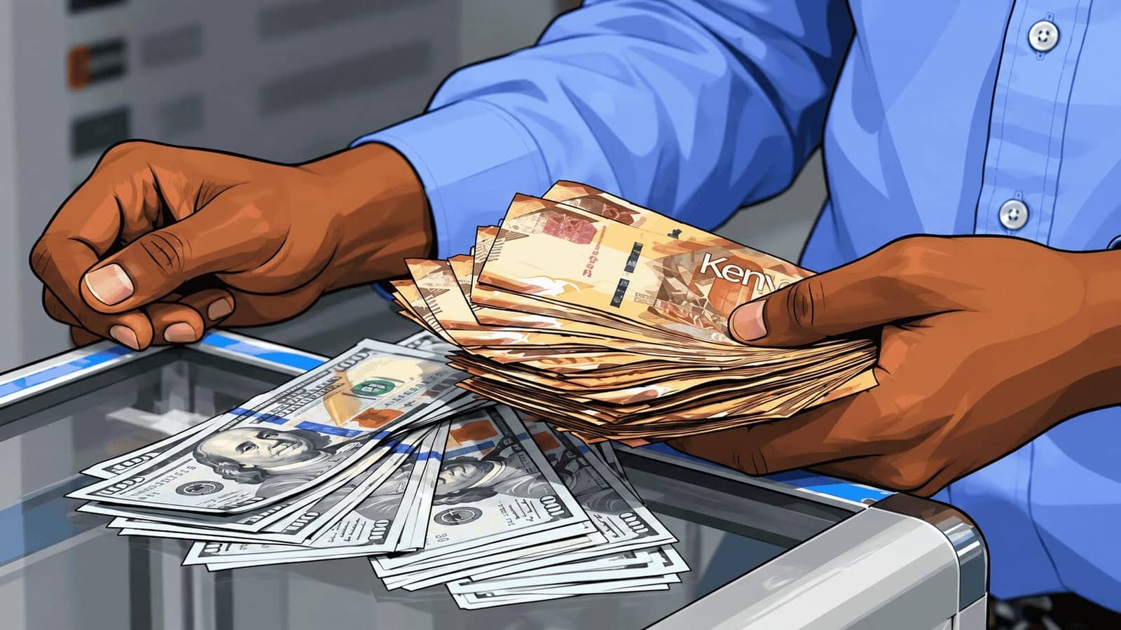 Caricature image of a person holding U.S dollar notes and Kenya Shilling notes