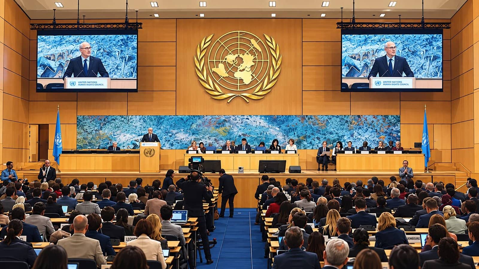 Caricature illustration of Volker Türk at the UN Human Rights Council in session at Geneva
