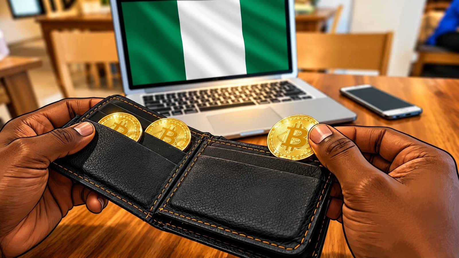 Trader with wallet containing digital assets and a laptop for trading, representing Nigeria's first-place ranking for crypto payments