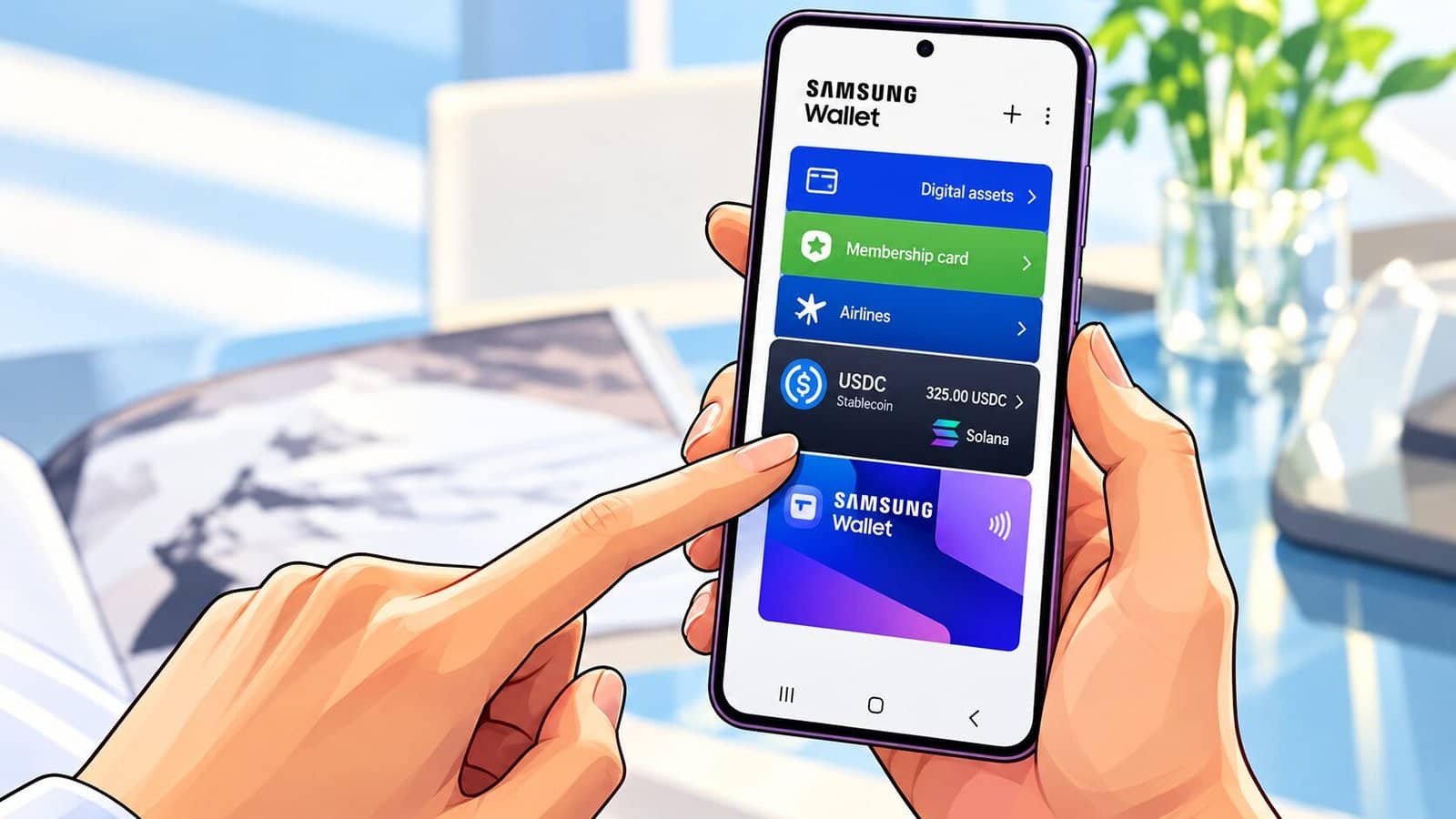 Caricature image of Samsung Wallet with newly integrated stablecoin payments (USDC)