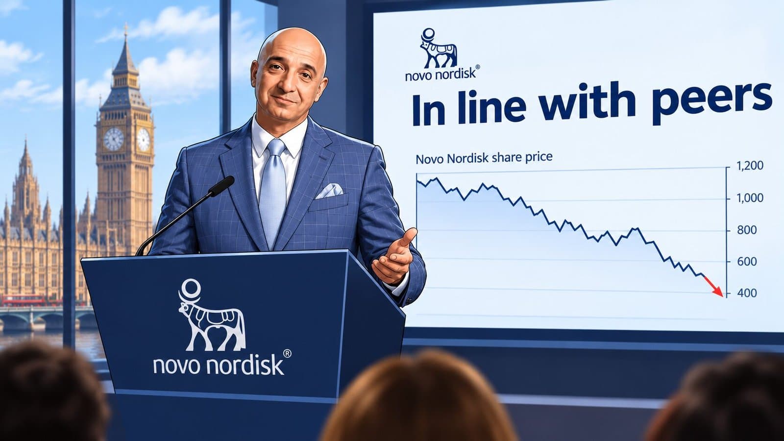 Caricature of Mike Doustdar, chief executive officer of Novo, presenting 2030 ambitions at the company's Capital Markets Day in London