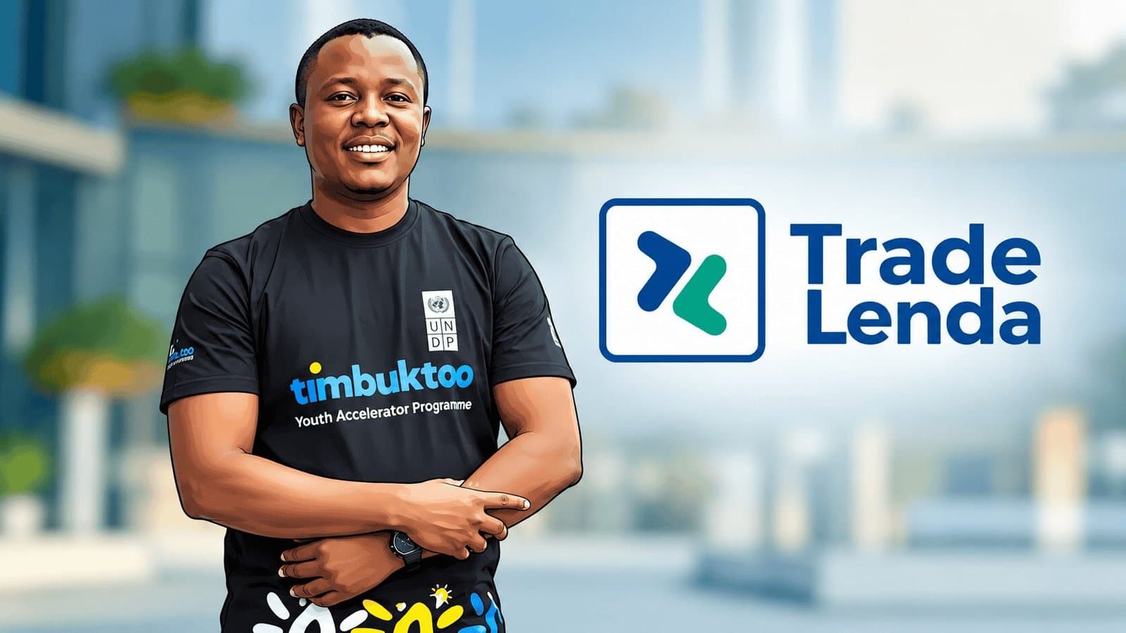 Caricature image of Adeshina Adewumi and Trade Lenda logo
