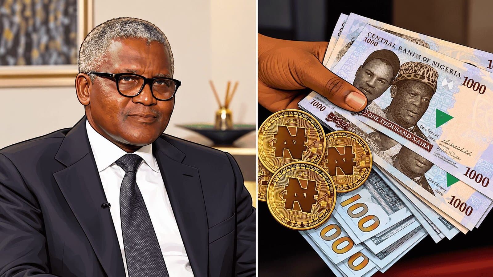 Caricature image of Dangote & Currency notes