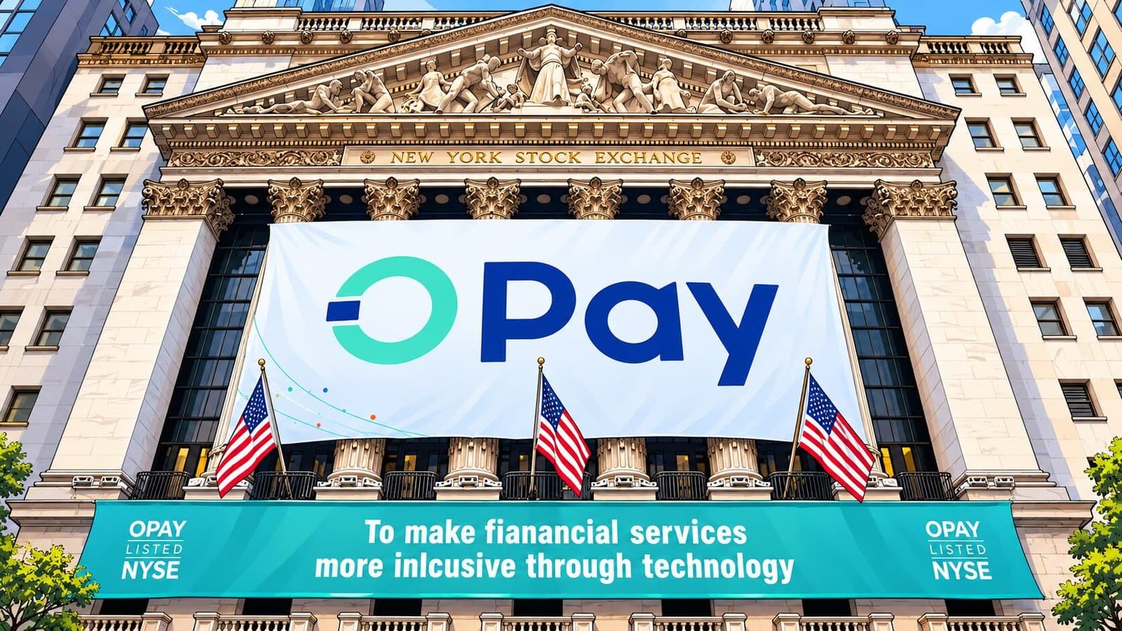 Caricature illustration of the New York Stock Exchange with prominent OPay branding, three U.S. flags, and a large banner reading “To make financial services more inclusive through technology,” representing the OPay IPO.