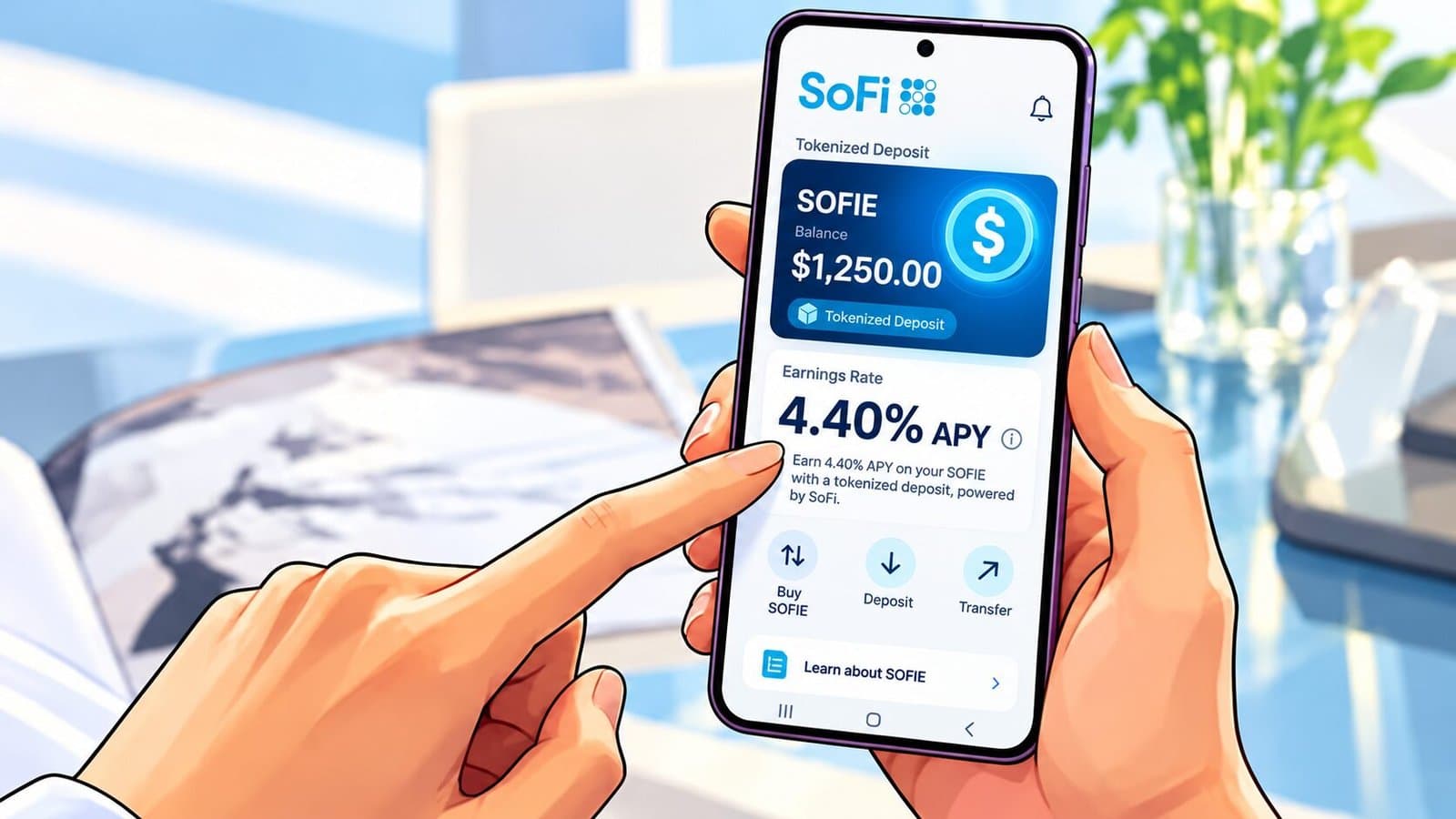 SoFi app screen showing a SOFIE balance beside a digital dollar symbol, representing a tokenized deposit paying 4.40% APY