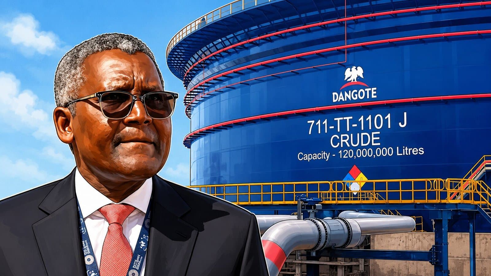 Caricature image of Dangote and refinery. Dangote IPO