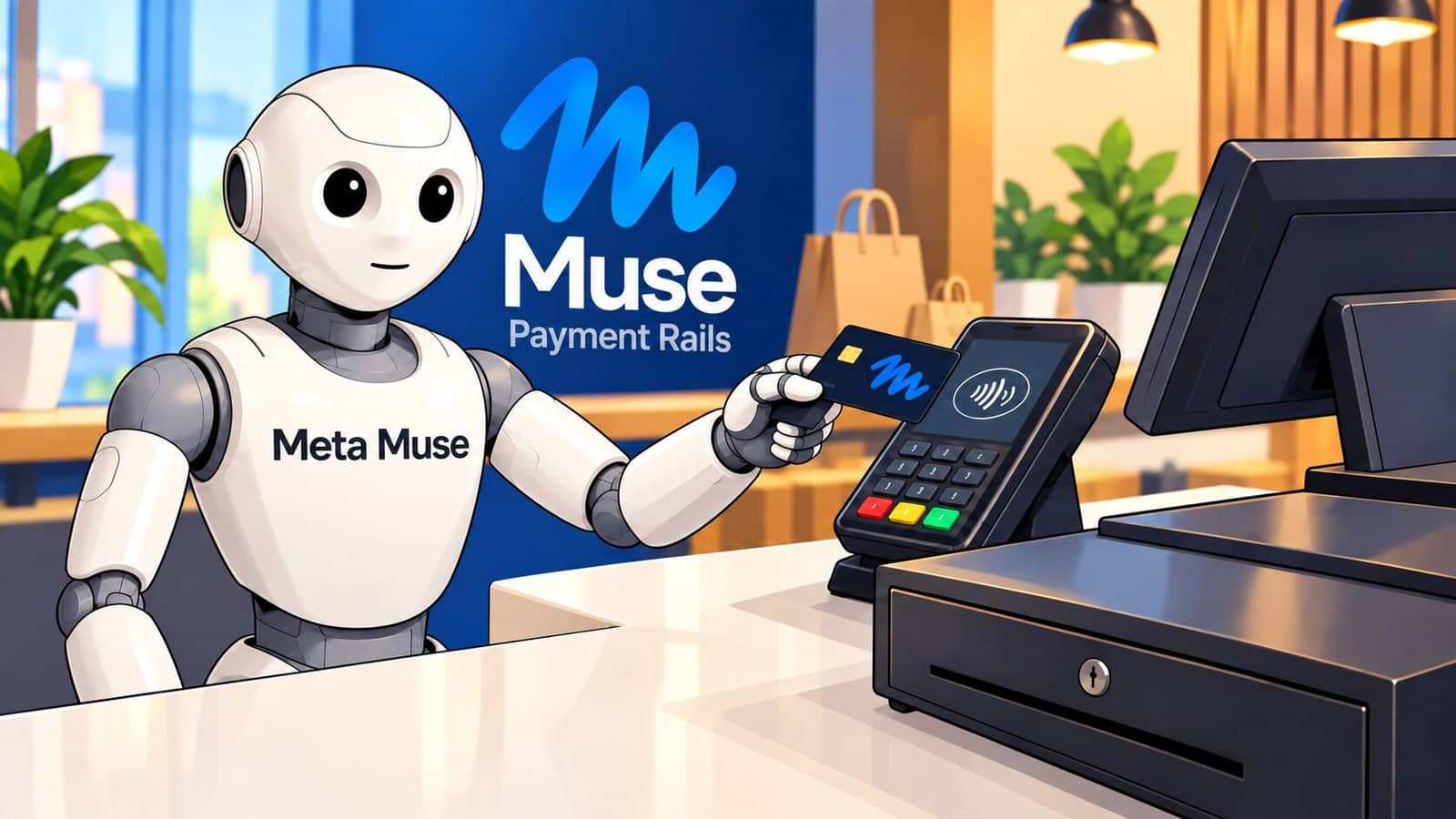 Caricature illustration of an AI agent at a checkout counter paying with a card, representing Meta Muse payment rails