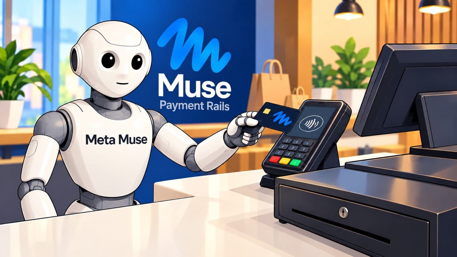 Caricature illustration of an AI agent at a checkout counter paying with a card, representing Meta Muse payment rails