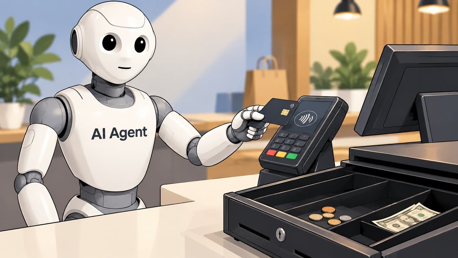 Caricature illustration of an AI agent standing at a payment terminal beside a nearly empty cash till