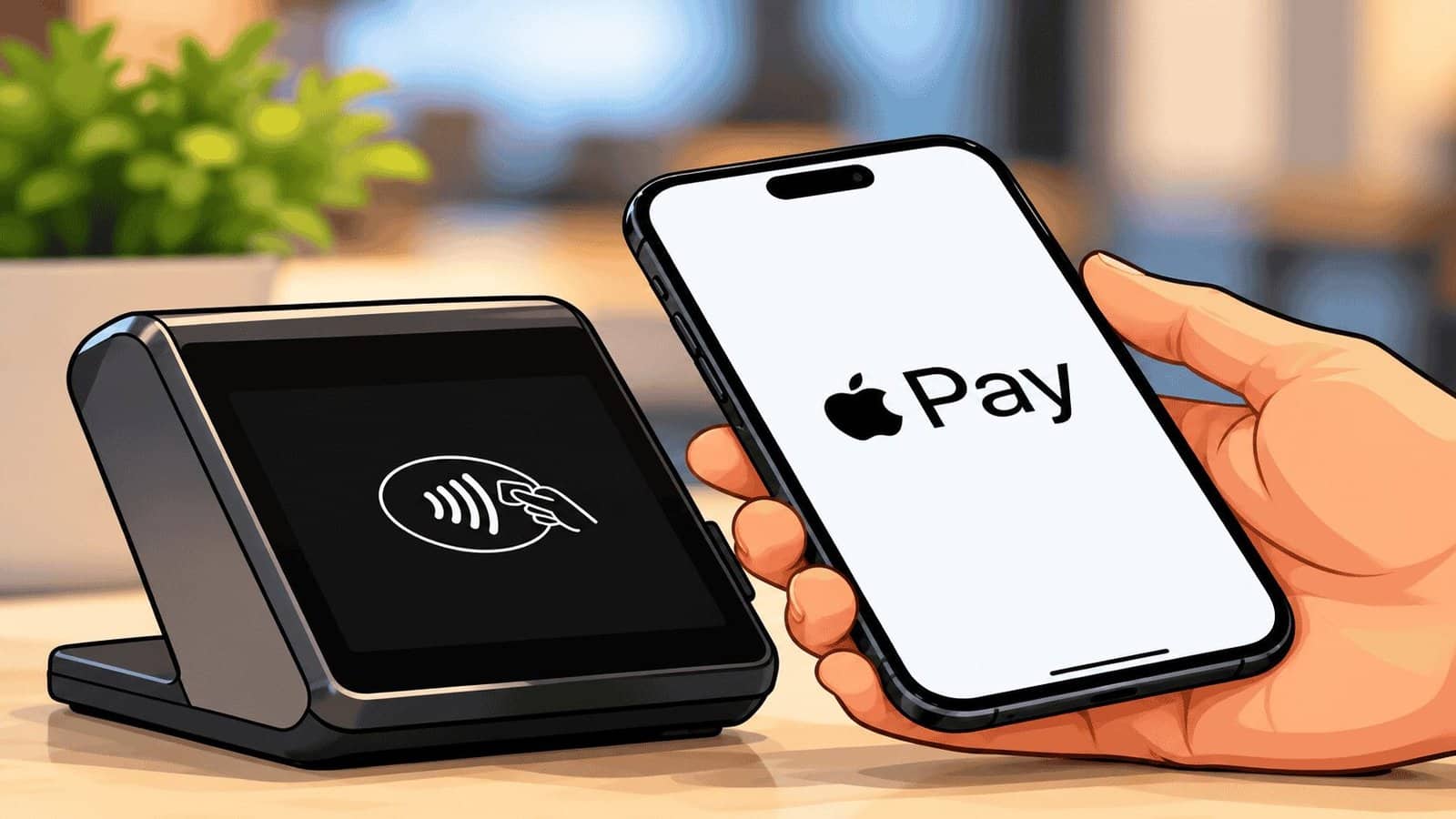 Caricature image of an iPhone with Apple Pay display