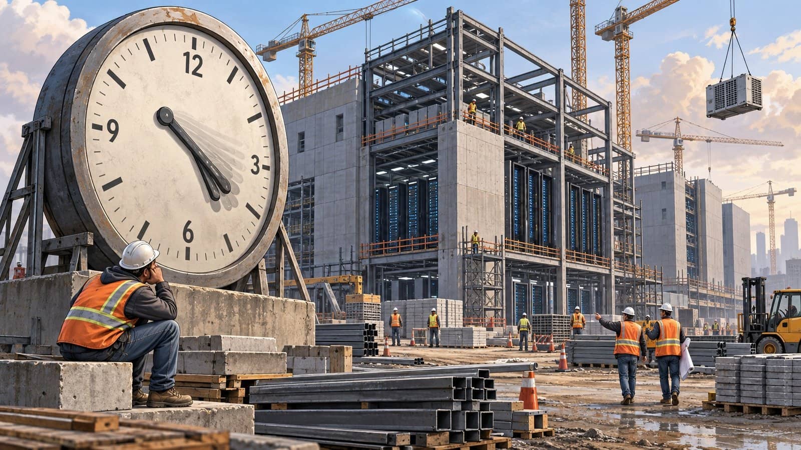 Caricature illustration of data centre construction beside a slowing clock, representing AI capex