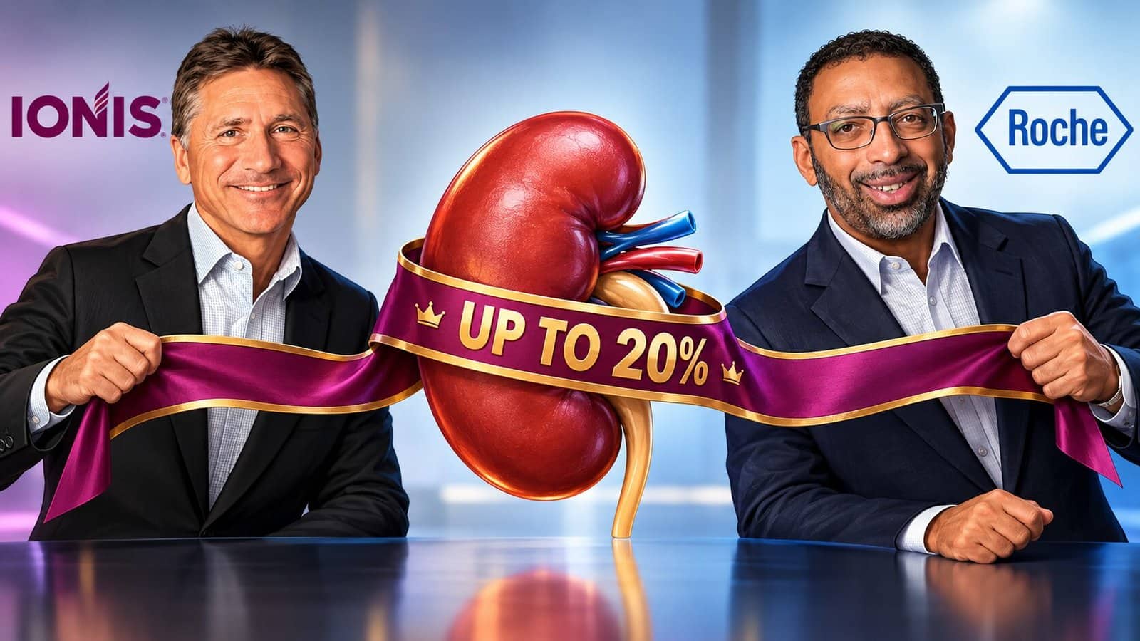 Caricature of Brett P. Monia, chief executive officer of Ionis Pharmaceuticals, and Levi Garraway, chief medical officer of Roche