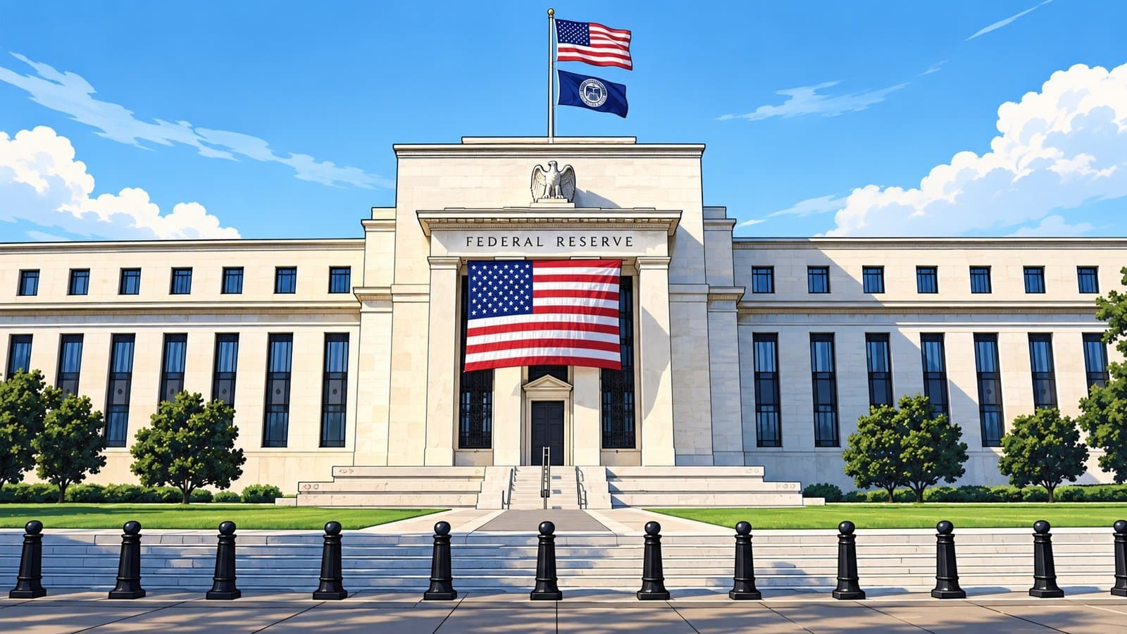 Caricature illustration of the Federal Reserve building with AI chip stocks rising
