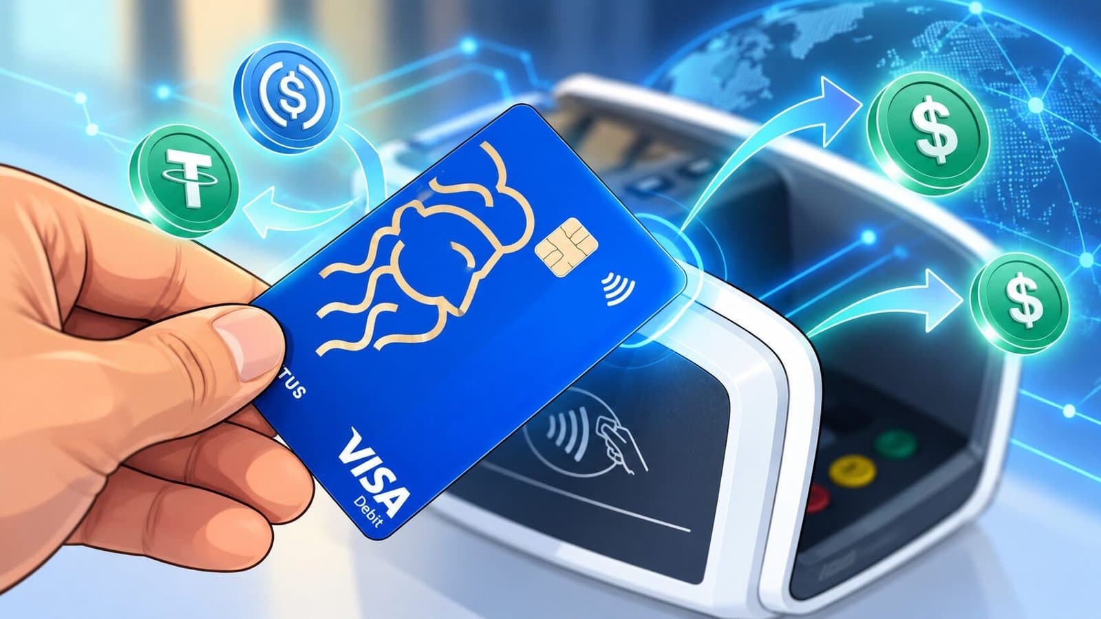 Caeicature illustration of a contactless payment card moving through a stablecoin settlement process, with digital stablecoin tokens flowing from the card terminal into a payment network.