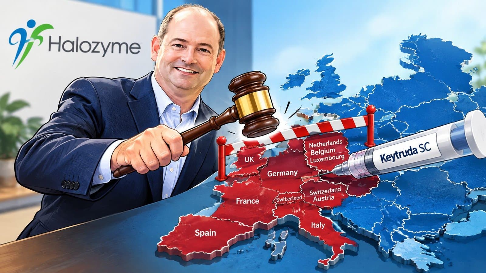 Caricature of Mark Snyder, chief legal officer of Halozyme, blocking a Keytruda SC syringe at a European border