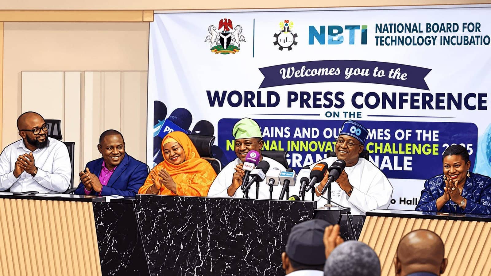 Caricature image of delegates at the NBTI's World Press Conference