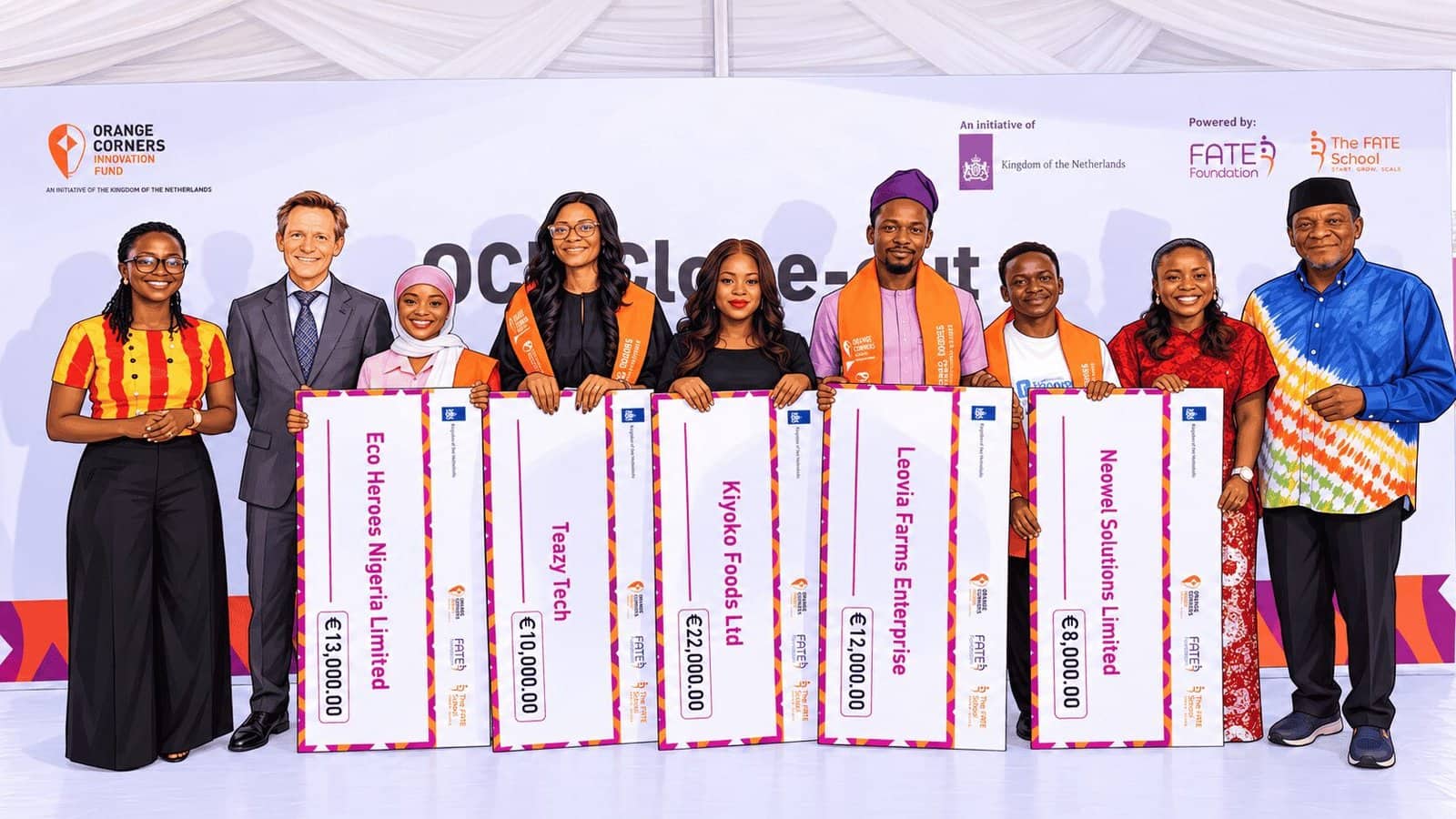 Caricature image of Nigerian founders at the Orange Corners Group Cheque Celebration