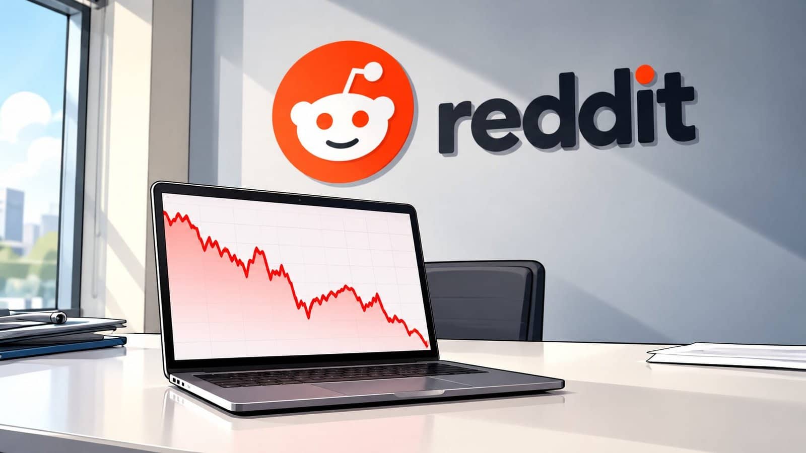 Caricature illustration of a laptop displaying a falling price chart beneath the Reddit logo, representing a decline in Reddit stock