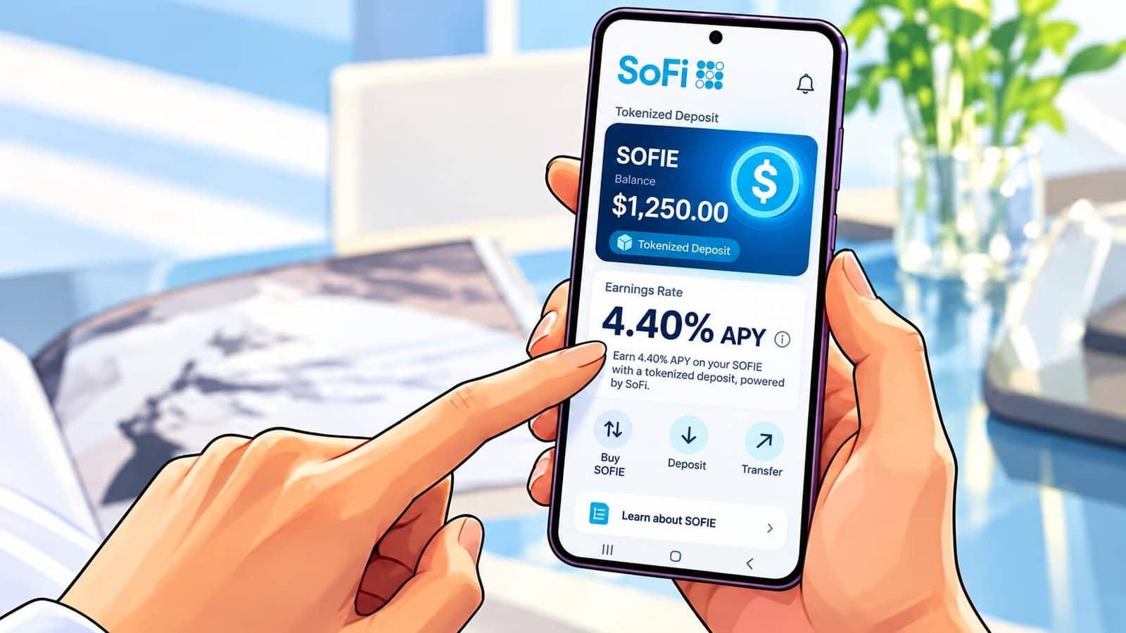 SoFi app screen showing a SOFIE balance beside a digital dollar symbol, representing a tokenized deposit paying 4.40% APY