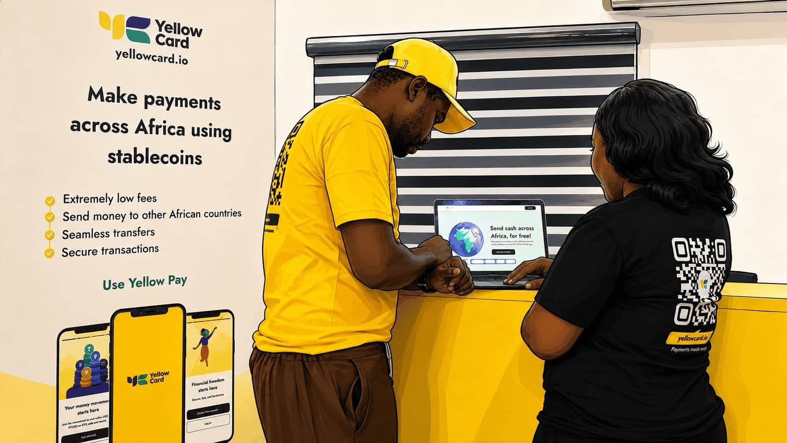 Caricature image of workers standing at the counter in Yellow card’s office