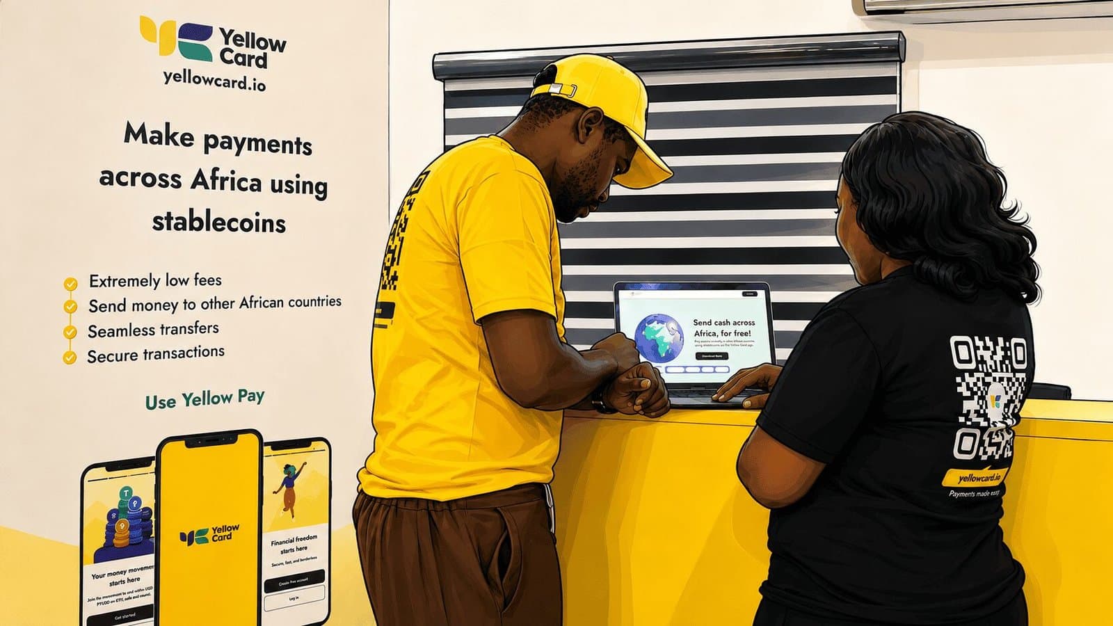 Caricature image of workers standing at the counter in Yellow card’s office