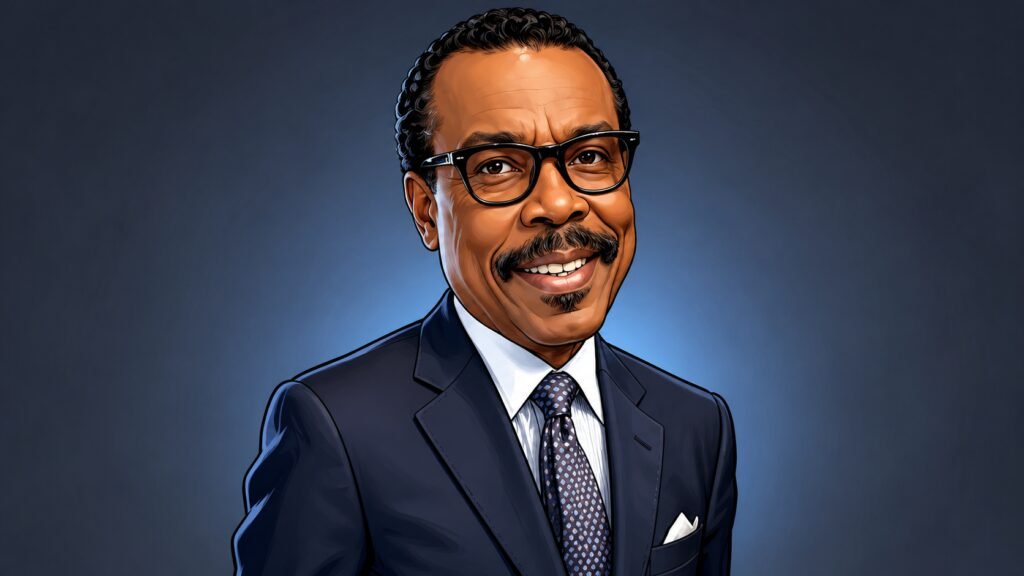 Caricature portrait of Bismarck Rewane, Managing Director, Financial Derivatives Company