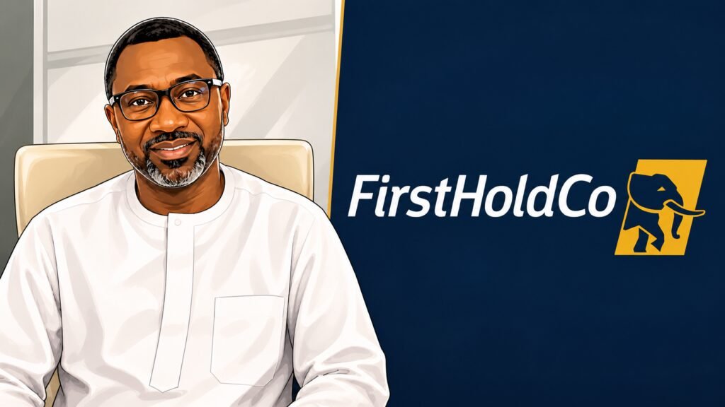 Femi Otedola's picture on a white native attire and FirstHoldCo's logo