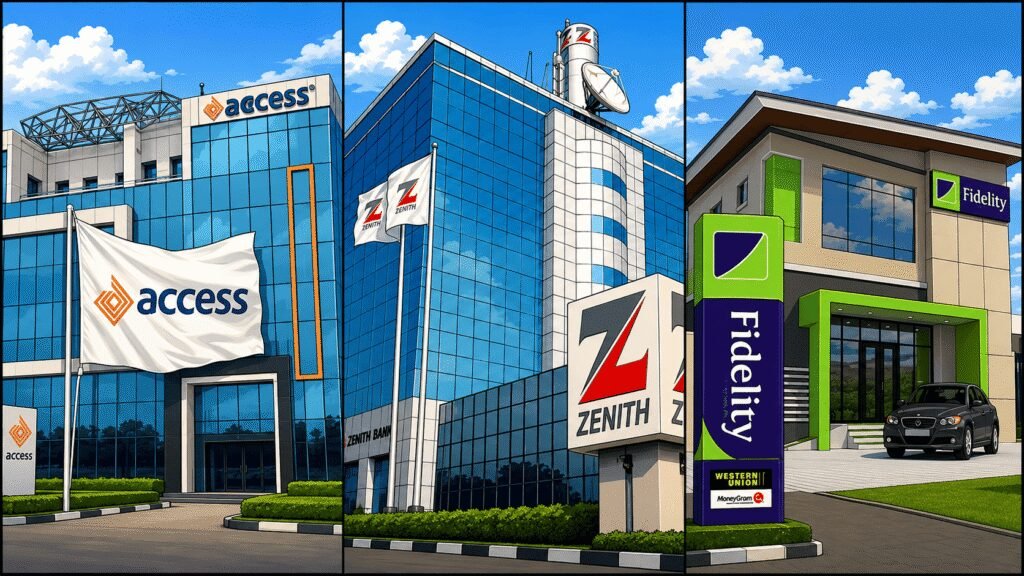 Access Bank, Zenith Bank & Fidelity Bank buildings