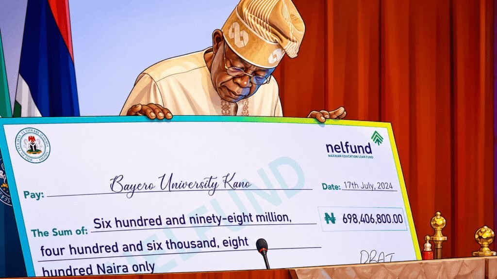 President Tinubu presenting NELFUND cheque
