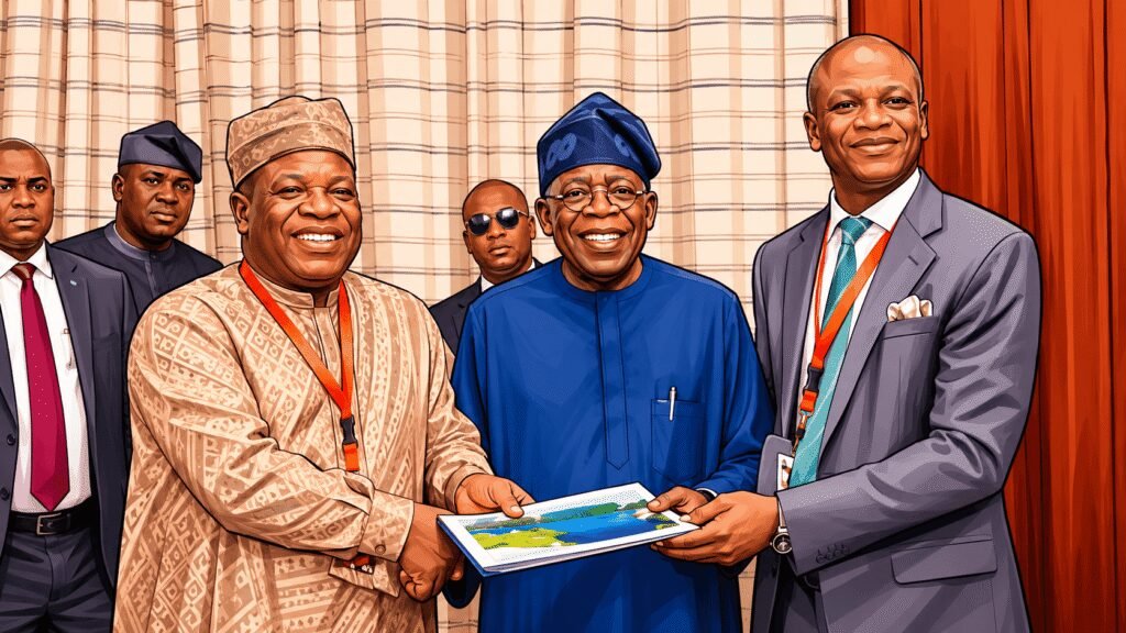 Caricature photo of President Tinubu, Chairman, Dr Umaru Kwairanga & Group Managing Director/Chief Executive Officer, Temi Popoola