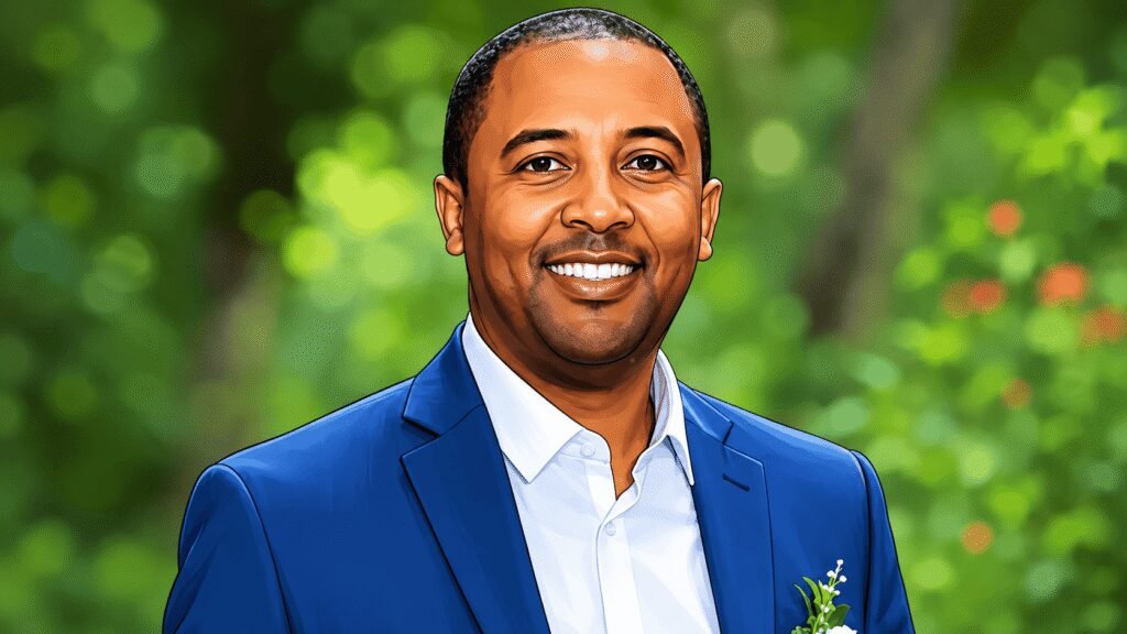Caricature portrait of Zekarias Amsalu, managing director of the African Fintech Summit
