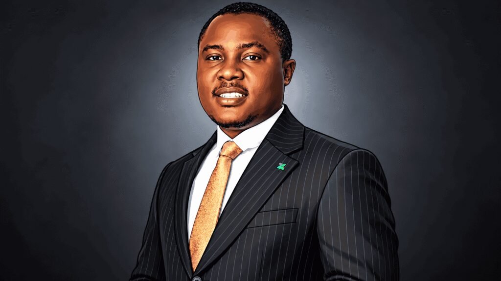 Caricature portrait of Adeshina Adewumi, co-founder and CEO at Trade Lenda 
