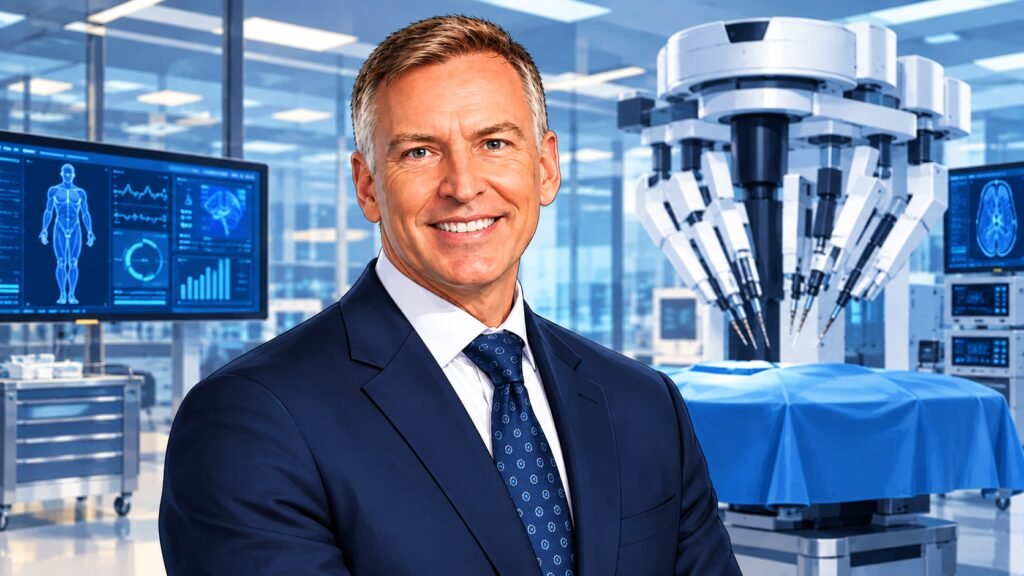 Caricature portrait of Dr. Matthew Kroh, chief medical officer of the Surgical business at Medtronic