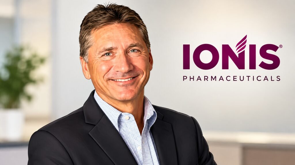 Caricature portrait of Brett P. Monia, chief executive officer of Ionis Pharmaceuticals