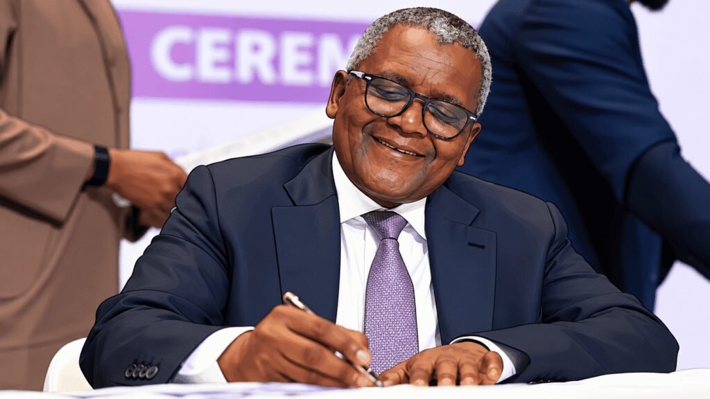 Caricature image of Aliko Dangote, president of the Dangote Group signing a document.