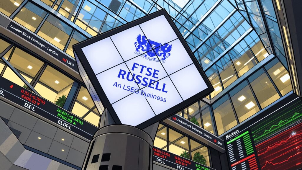 Caricature image of a trading floor with FTSE Russell displayed on the screen