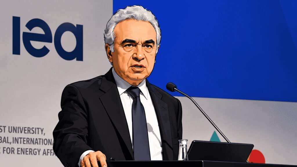 Caricature photo of Fatih Birol, Executive Director, International Energy Agency speaking