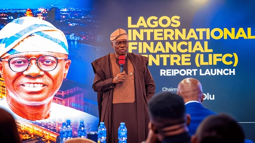 Caricature image of Governor Sanwo-Olu speaking at the  Lagos International Financial Center initiative