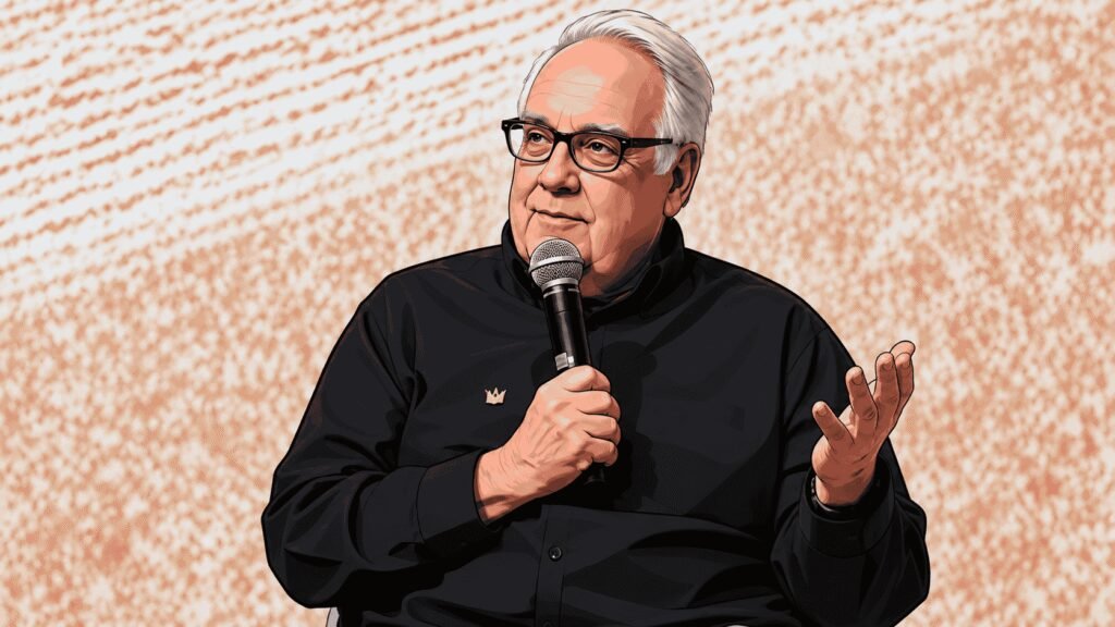 Caricature image of Howard Buffett speaking
