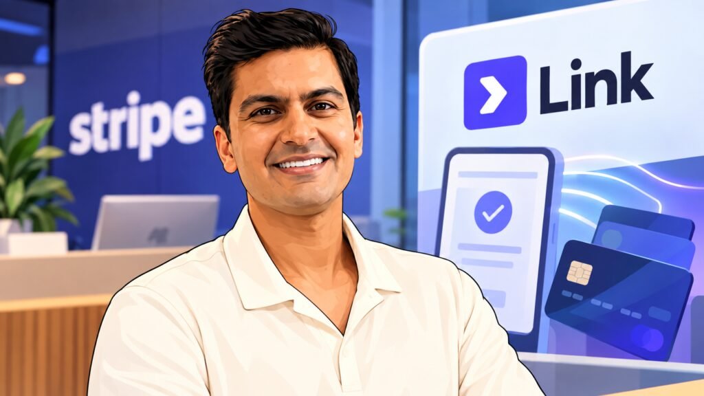 Caricature portrait of Jay Shah, business lead for Link at Stripe