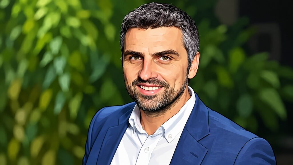 Caricature portrait of Shaun Hughes, country director for Palestine, World Food Programme