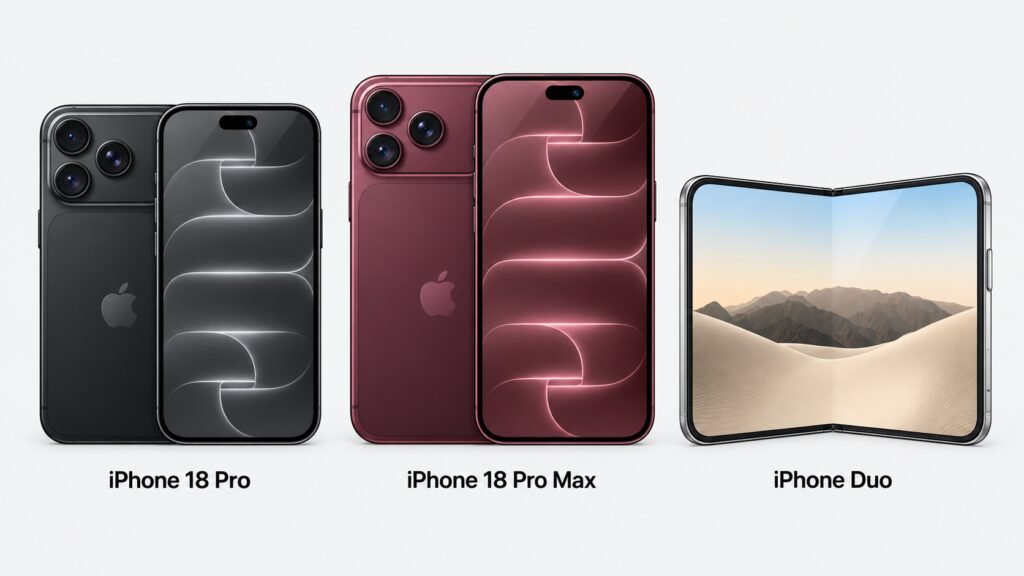 Caricature illustration of the iPhone 18 Pro, iPhone 18 Pro Max and iPhone Duo