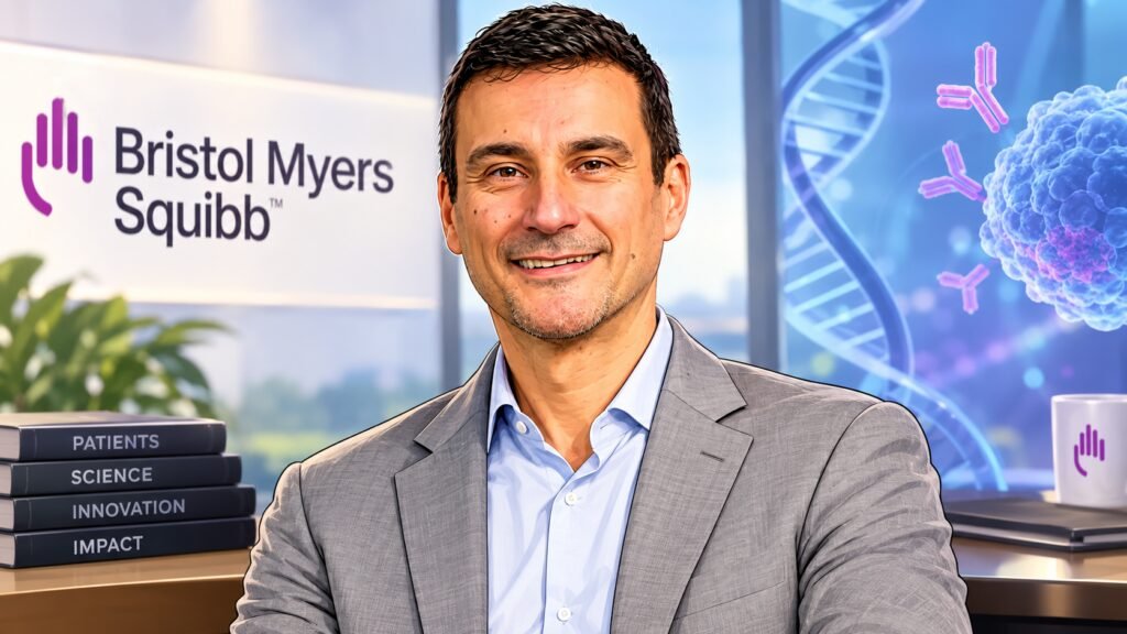 Caricature portrait of Cristian Massacesi, MD, executive vice president and chief medical officer of Bristol Myers Squibb