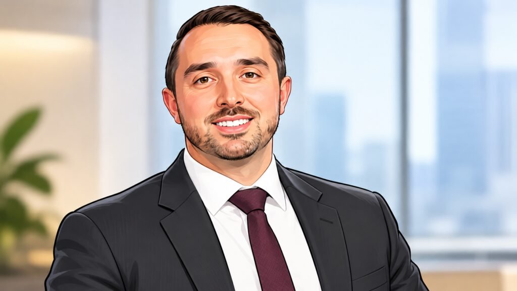 Caricature portrait of Brendan Smith, biotechnology analyst at TD Cowen