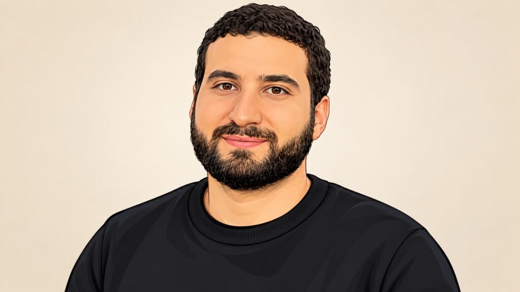 Caricature portrait of Nassim Eddequiouaq, chief executive officer of Bastion